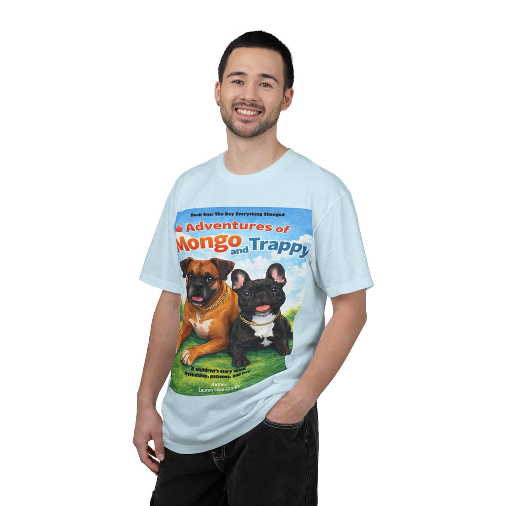 Adventures of Mongo & Trappy T-Shirt — Illustrated Dog Book Cover Tee with QR Code