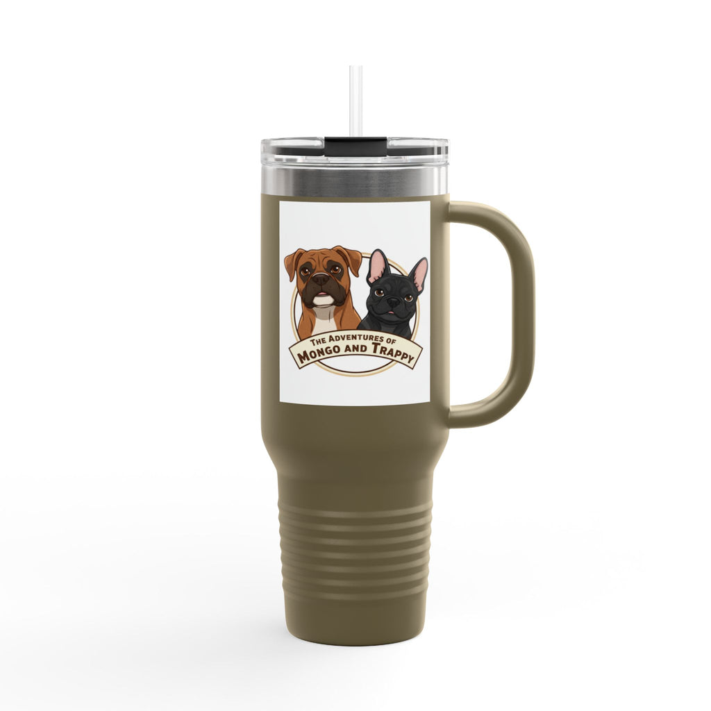40oz Insulated Travel Mug — "My Adventures with Mongo and Trapper" Dog Portrait Tumbler