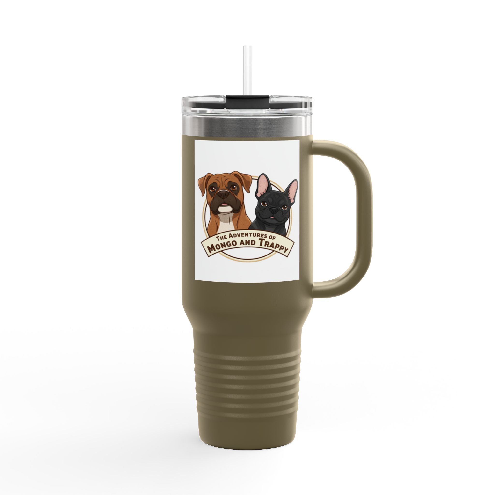40oz Insulated Travel Mug — "My Adventures with Mongo and Trapper" Dog Portrait Tumbler