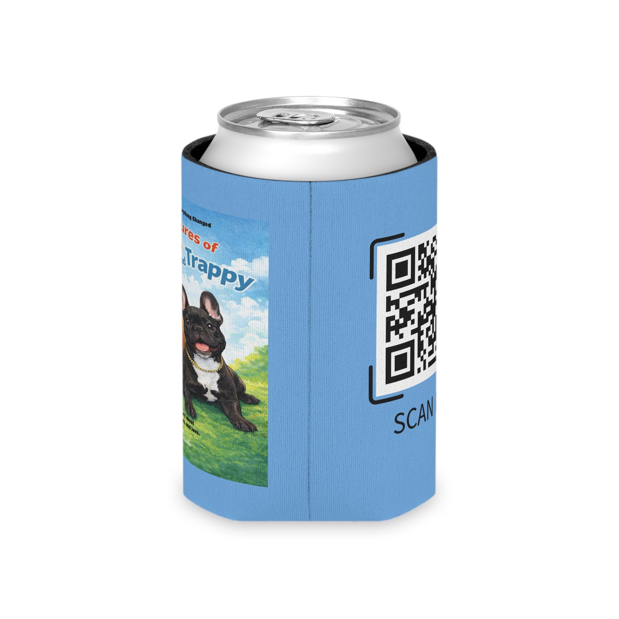 Can Cooler — 'Adventures of Mongo and Trappy' Book Cover Design with QR Code