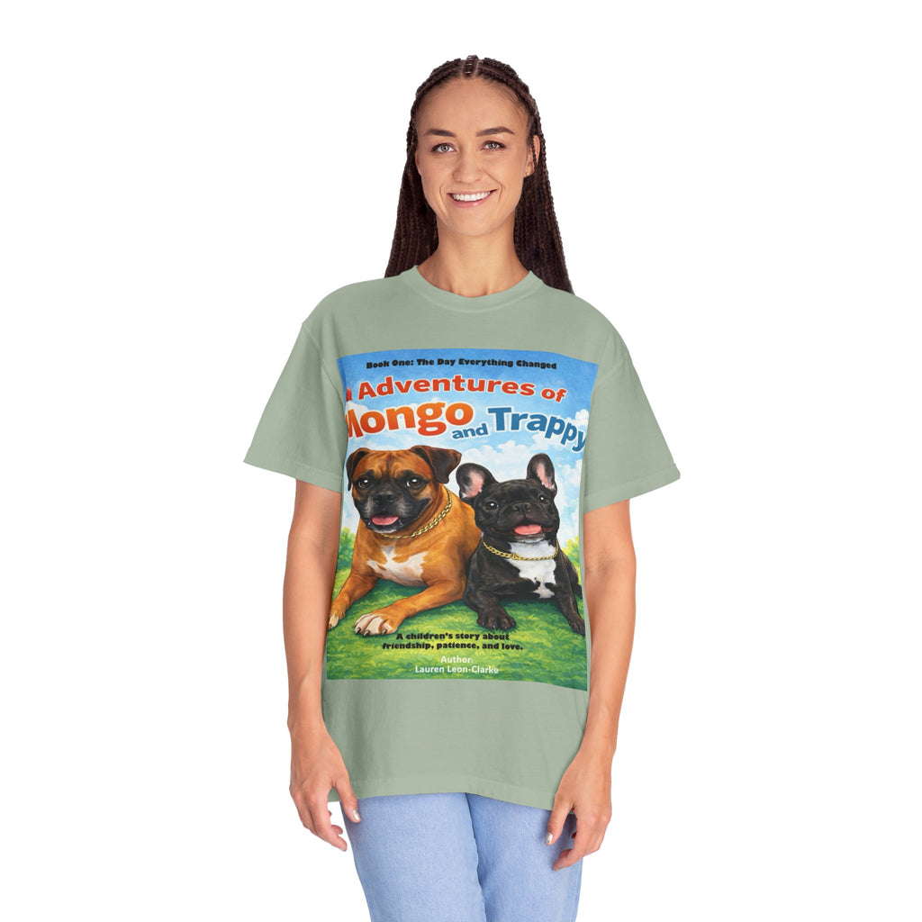 Adventures of Mongo & Trappy T-Shirt — Illustrated Dog Book Cover Tee with QR Code