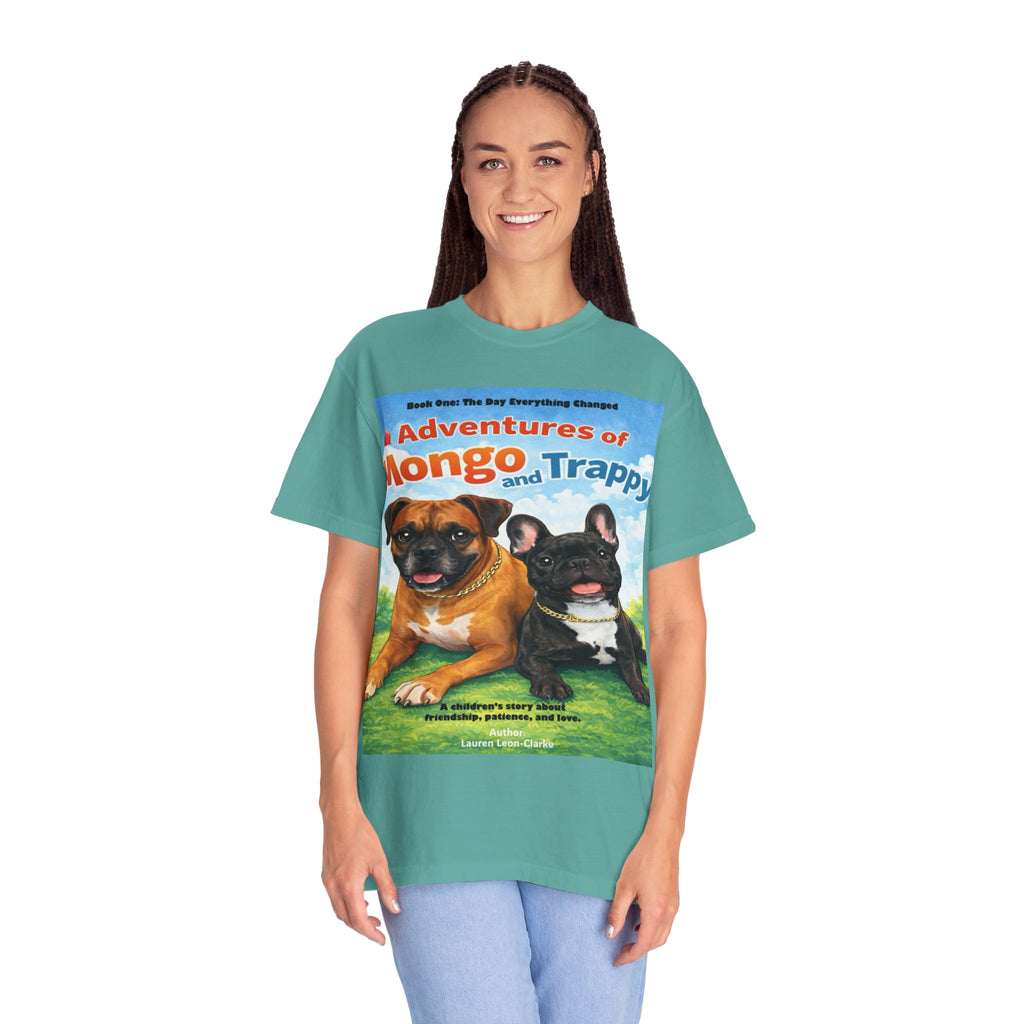 Adventures of Mongo & Trappy T-Shirt — Illustrated Dog Book Cover Tee with QR Code