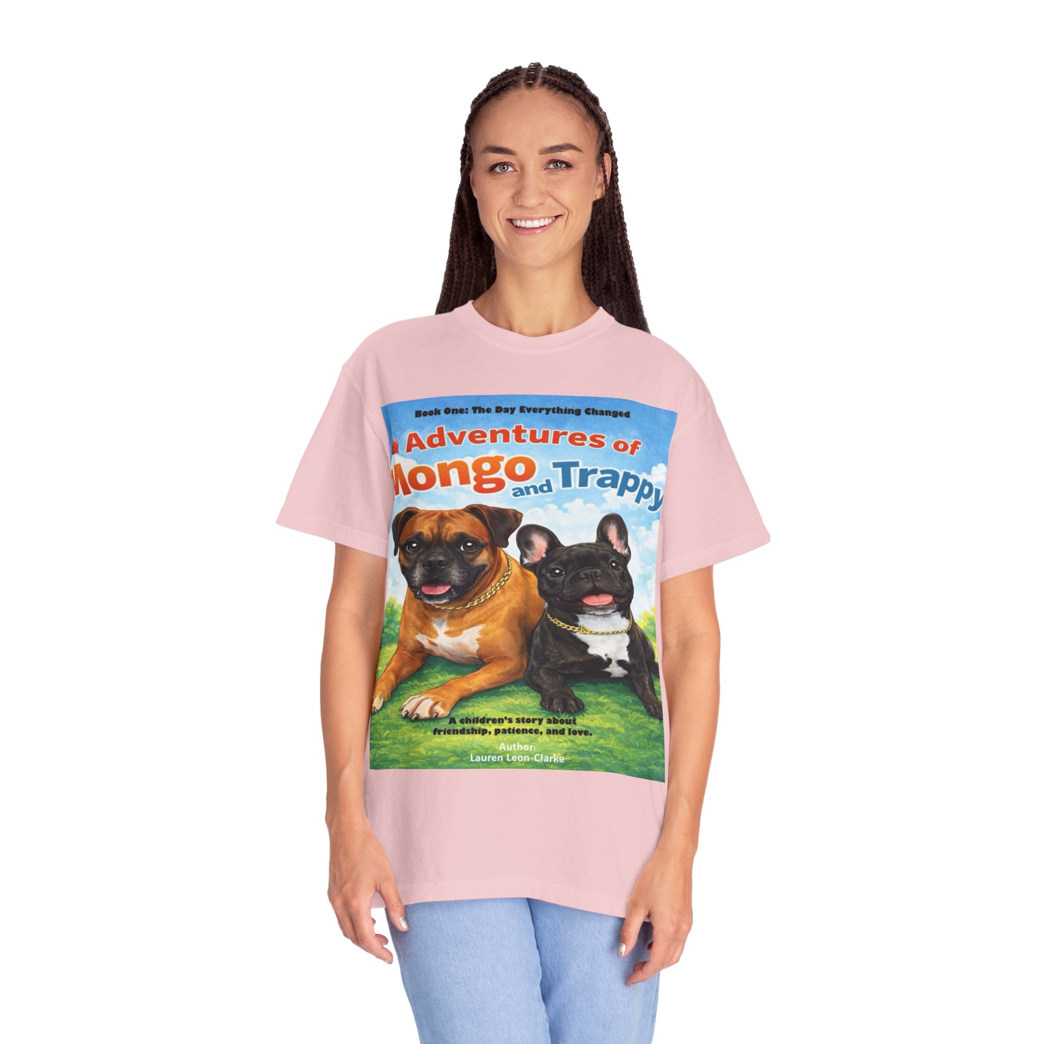 Adventures of Mongo & Trappy T-Shirt — Illustrated Dog Book Cover Tee with QR Code
