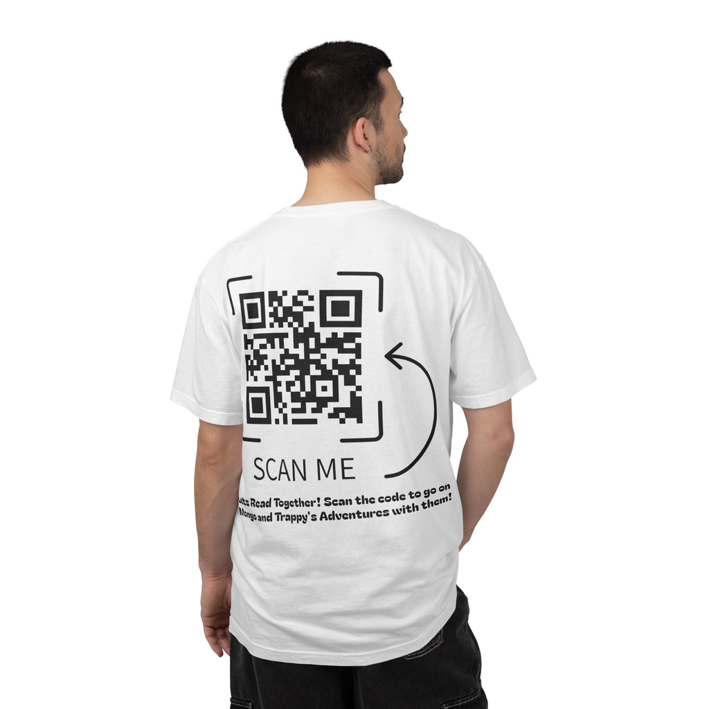 Adventures of Mongo & Trappy T-Shirt — Illustrated Dog Book Cover Tee with QR Code