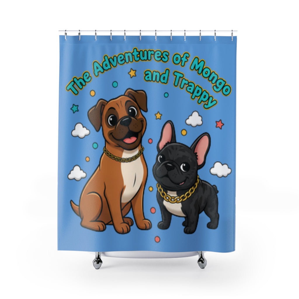 The Adventures of Mongo and Trappy Shower Curtain — Cute Cartoon Dog Bathroom Decor