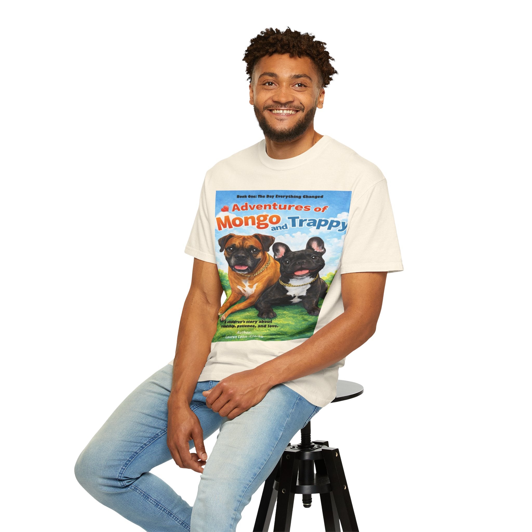 Adventures of Mongo & Trappy T-Shirt — Illustrated Dog Book Cover Tee with QR Code