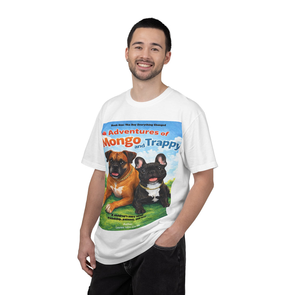 Adventures of Mongo & Trappy T-Shirt — Illustrated Dog Book Cover Tee with QR Code