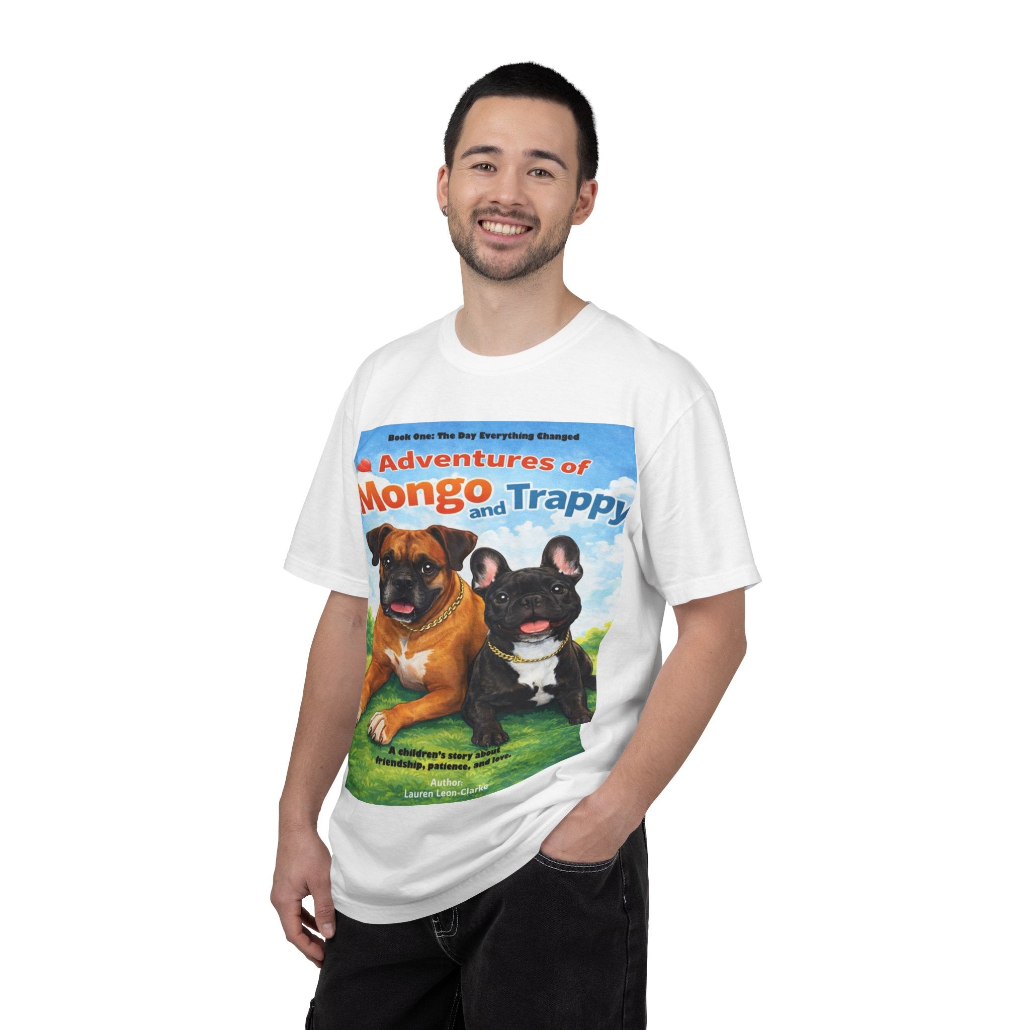 Adventures of Mongo & Trappy T-Shirt — Illustrated Dog Book Cover Tee with QR Code