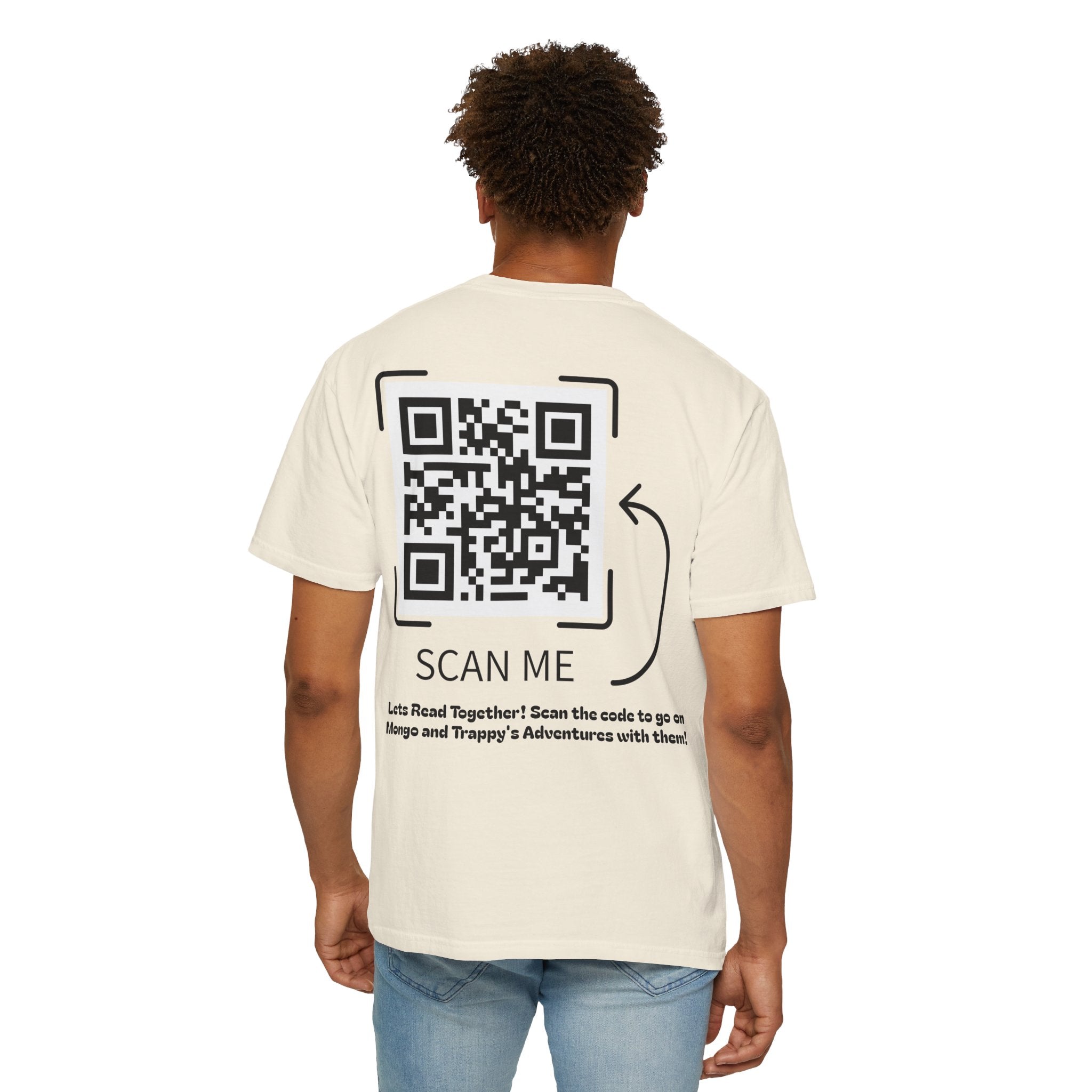 Adventures of Mongo & Trappy T-Shirt — Illustrated Dog Book Cover Tee with QR Code