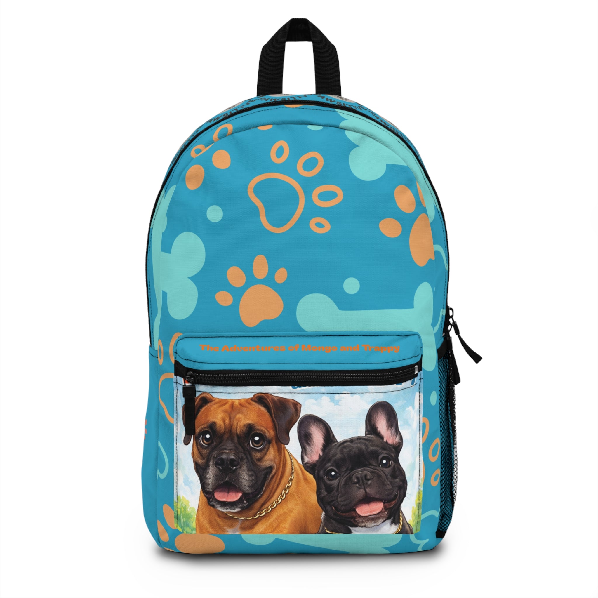 Blue Paw Print Dog Mom Backpack — Cute Pug & Boxer Pet Portrait School Bag