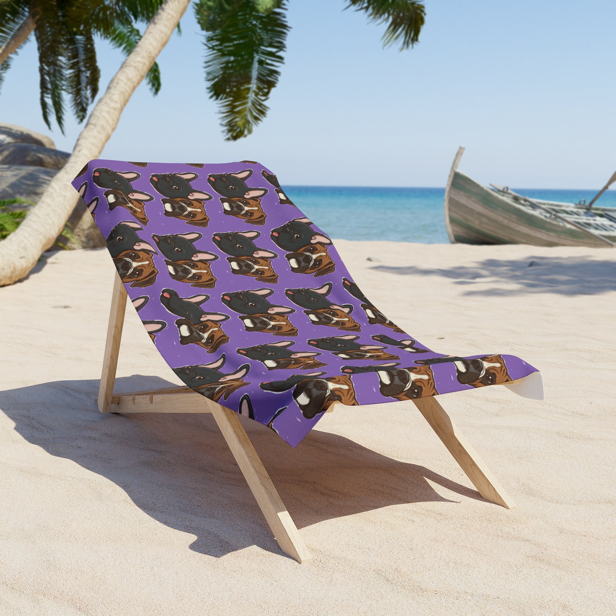 French Bulldog Pattern Beach Towel — Purple Dog Face Summer Towel