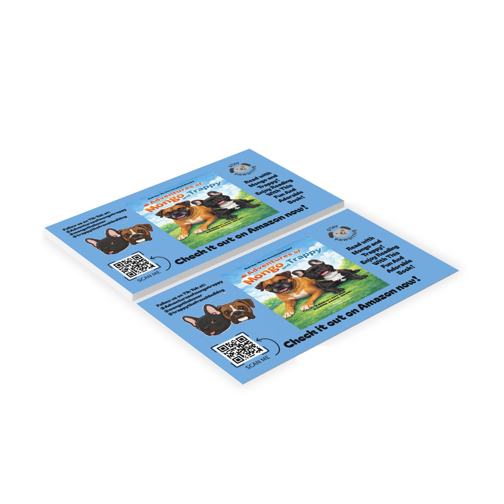 Blue Promotional Business Cards — 'Adventures of Mongo & Trappy' Book Marketing Card with QR Code