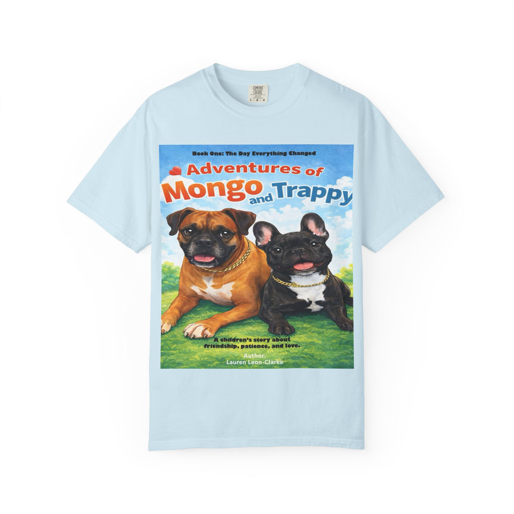 Adventures of Mongo & Trappy T-Shirt — Illustrated Dog Book Cover Tee with QR Code