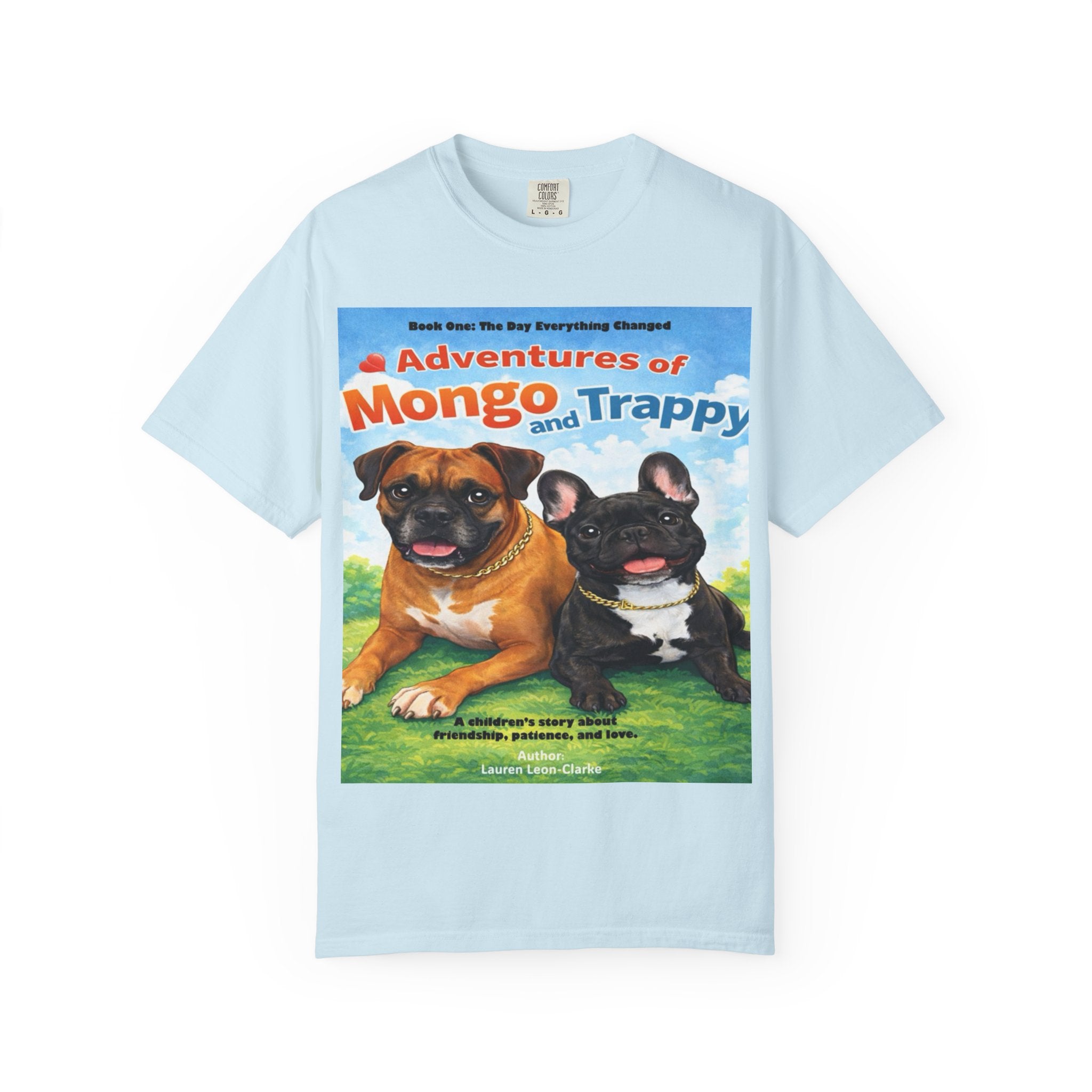 Adventures of Mongo & Trappy T-Shirt — Illustrated Dog Book Cover Tee with QR Code