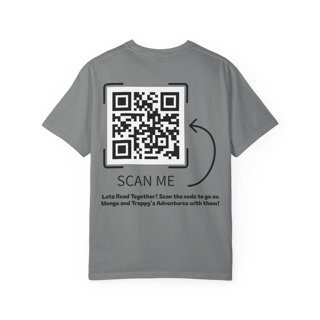 Adventures of Mongo & Trappy T-Shirt — Illustrated Dog Book Cover Tee with QR Code
