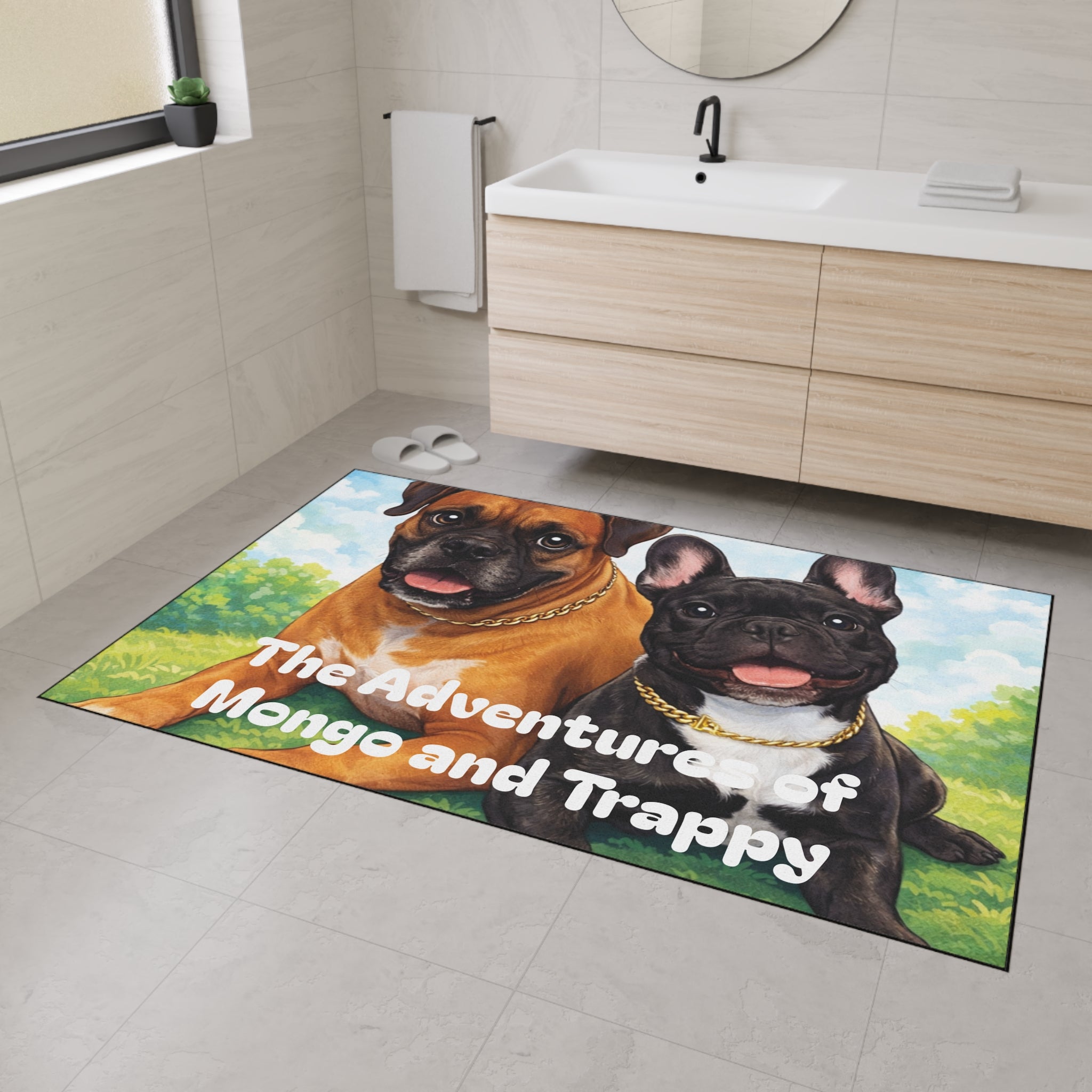 Personalized Dog Floor Mat — "The Adventures of Mongo and Trappy" Heavy-Duty Welcome Mat