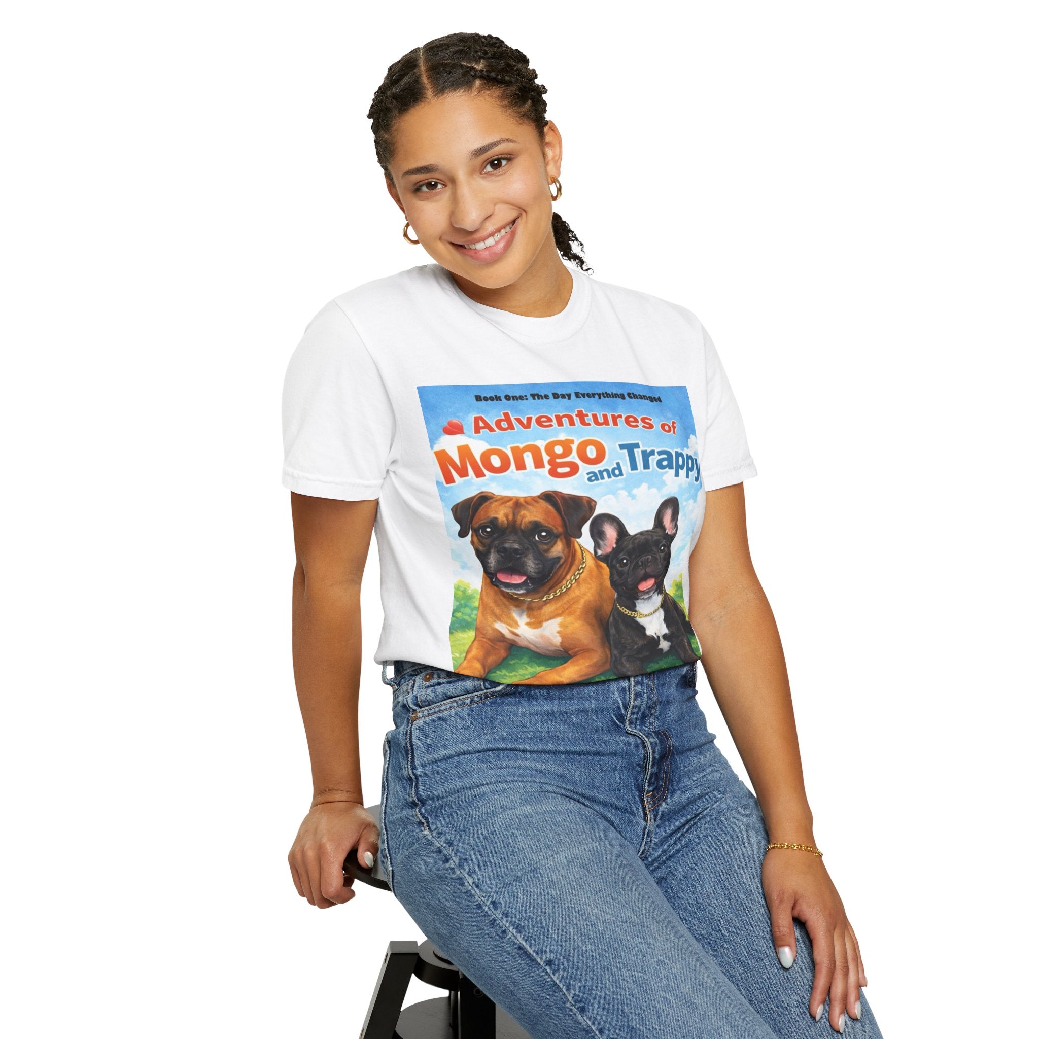 Adventures of Mongo & Trappy T-Shirt — Illustrated Dog Book Cover Tee with QR Code