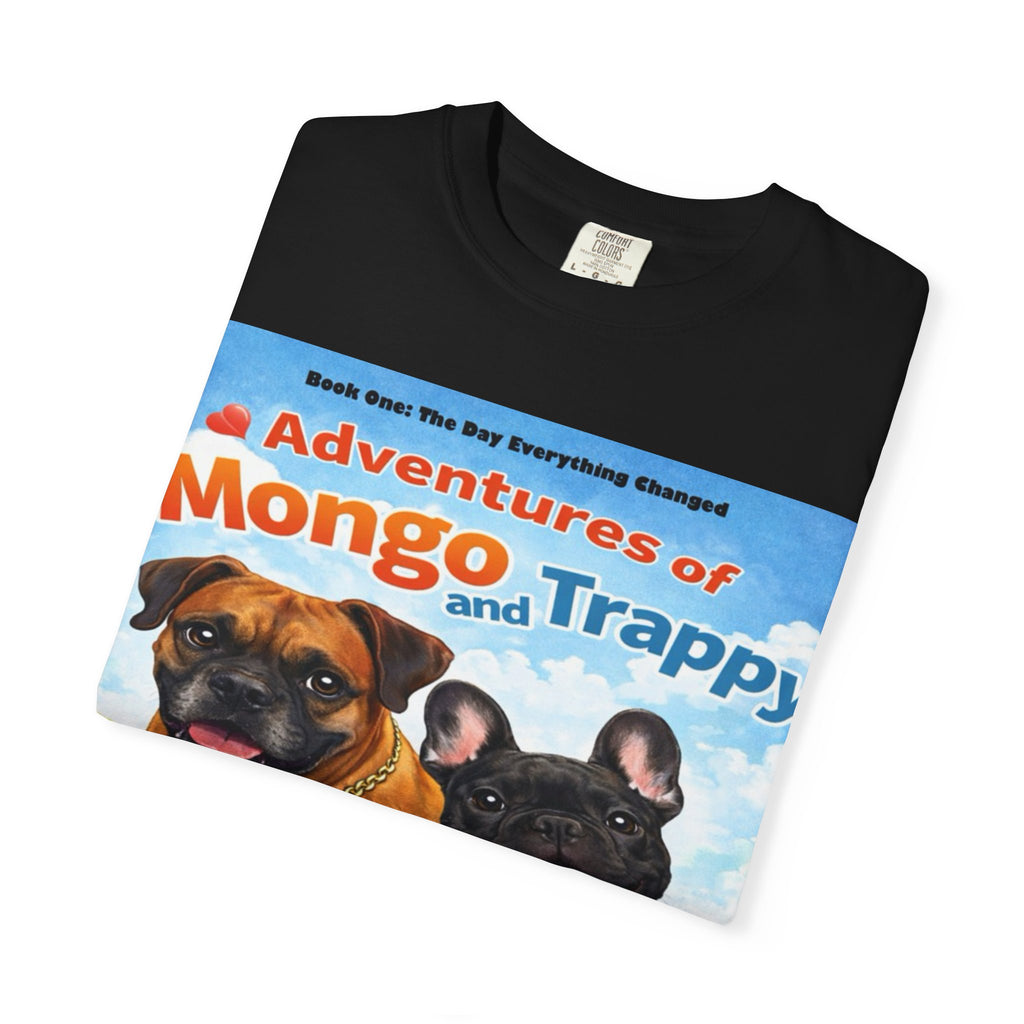 Adventures of Mongo & Trappy T-Shirt — Illustrated Dog Book Cover Tee with QR Code